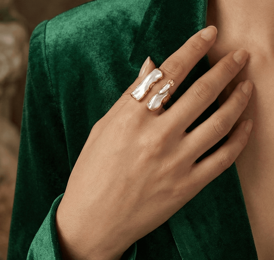 18K Gold Plated Double Bar Pearl Ring, Adjustable Open Cuff with Textured Band