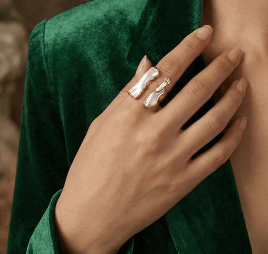 18K Gold Plated Double Bar Pearl Ring, Adjustable Open Cuff with Textured Band
