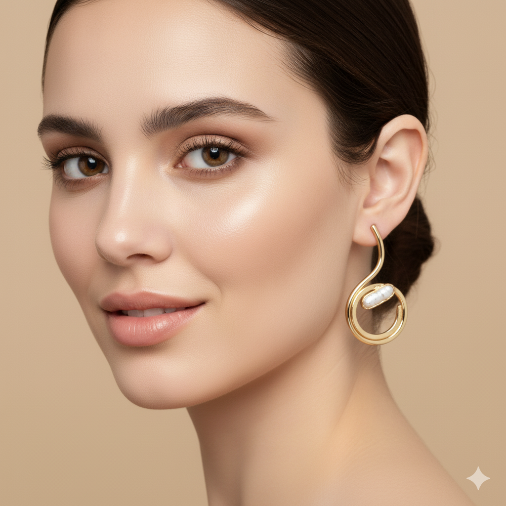 Modern 18K Gold Plated Swirl Bar Pearl Earrings