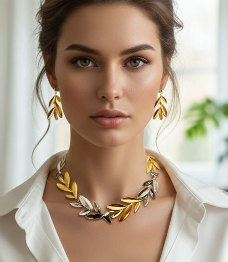 Gold Plated Jewelry Set – Bohemian Necklace & Olive Leaf Earrings, Adjustable