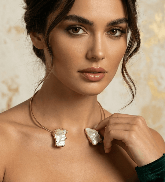 18k Gold Plated Baroque Keshi Pearl Choker – Organic Open Torque Necklace