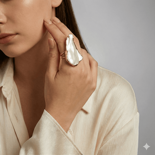 18k Gold Plated Large Mother of Pearl Adjustable Statement Ring