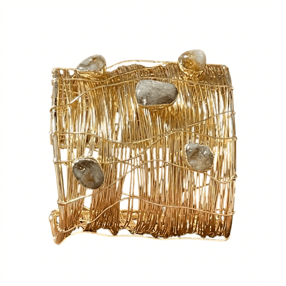 The Gilded Weaver Cuff: Wide Gold Wire-Wrapped Bangle with Raw Natural Stones