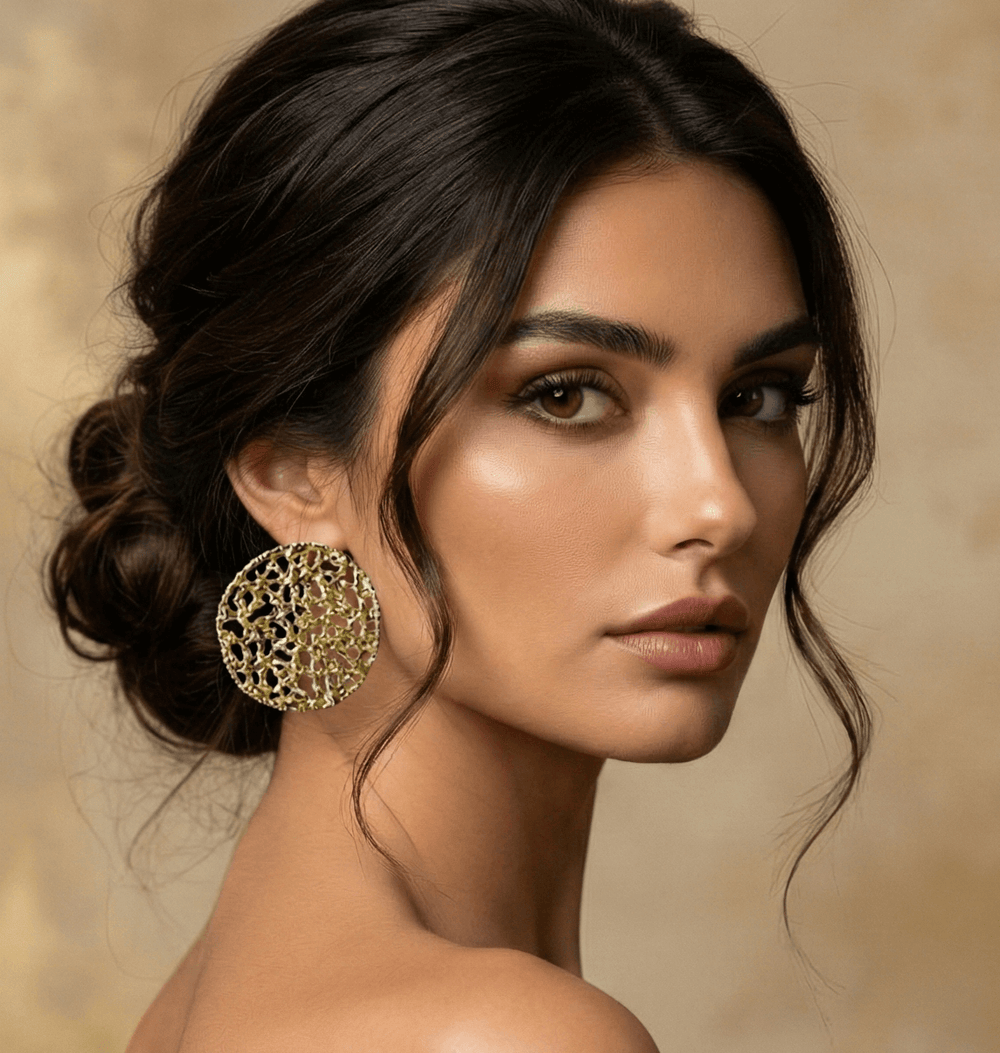 18K Gold Plated Organic Filigree Disc Statement Earrings, 4 cm