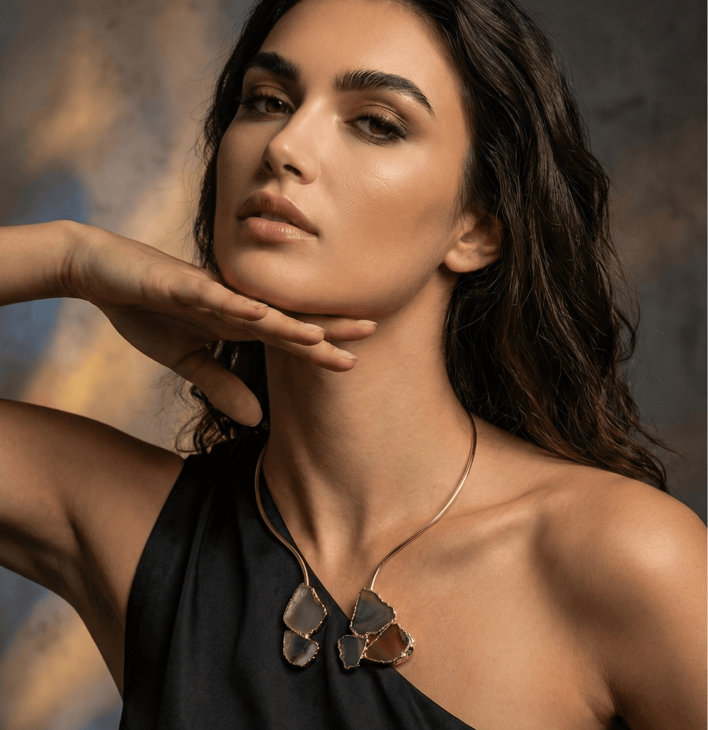 18k Gold Plated Raw Agate Sliced Choker – Handcrafted Open Torque Necklace