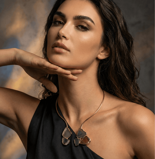18k Gold Plated Raw Agate Sliced Choker – Handcrafted Open Torque Necklace