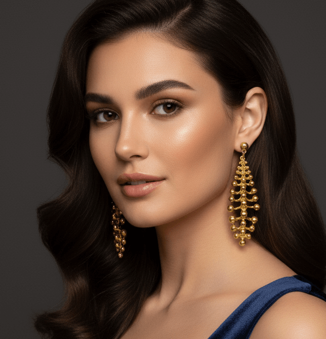 Gold Plated Architectural Beaded Chandelier Earrings- 8cm