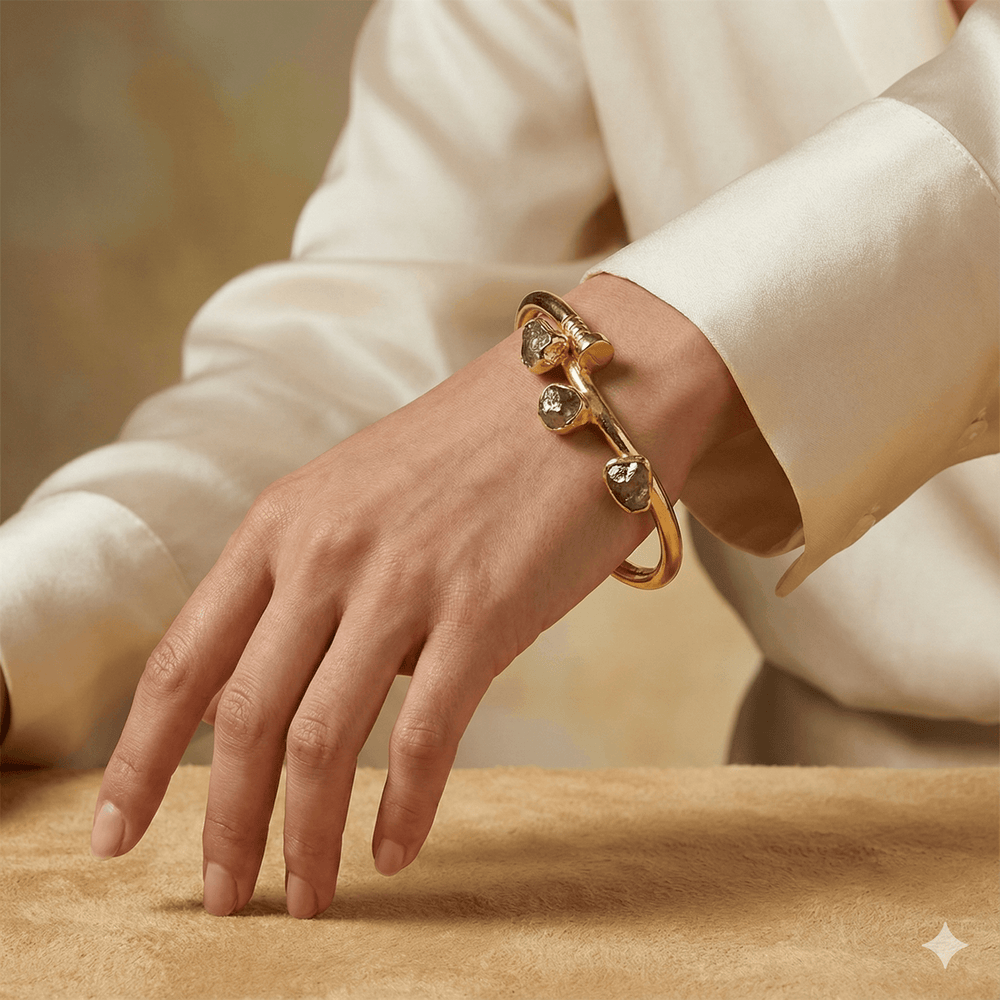 18k Gold Plated Raw Stone Trio Bangle | Hinged Cuff Bracelet