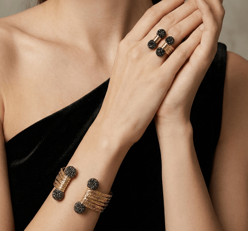 18k Gold Plated Textured Wire Cuff & Ring Set with Black Crystal Pavé Spheres