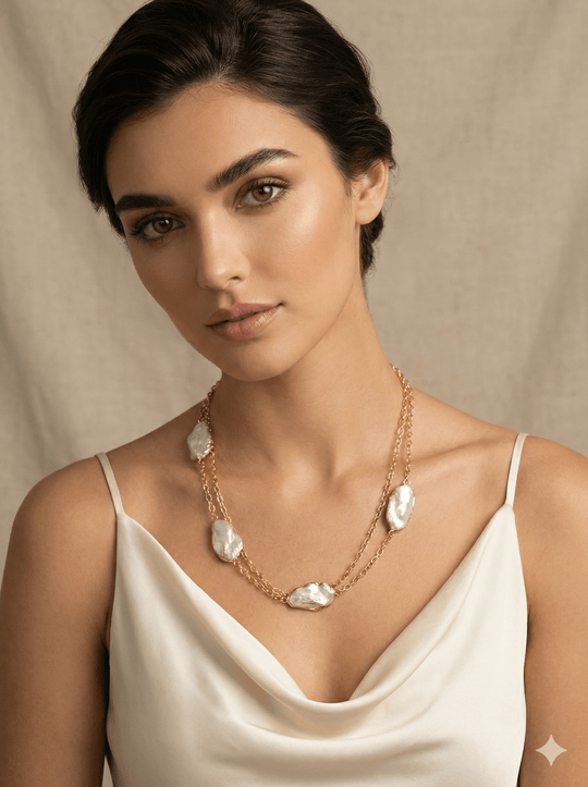 18K Gold Plated Handmade Organic Keshi Baroque Pearl Long Layering Necklace, 126 cm