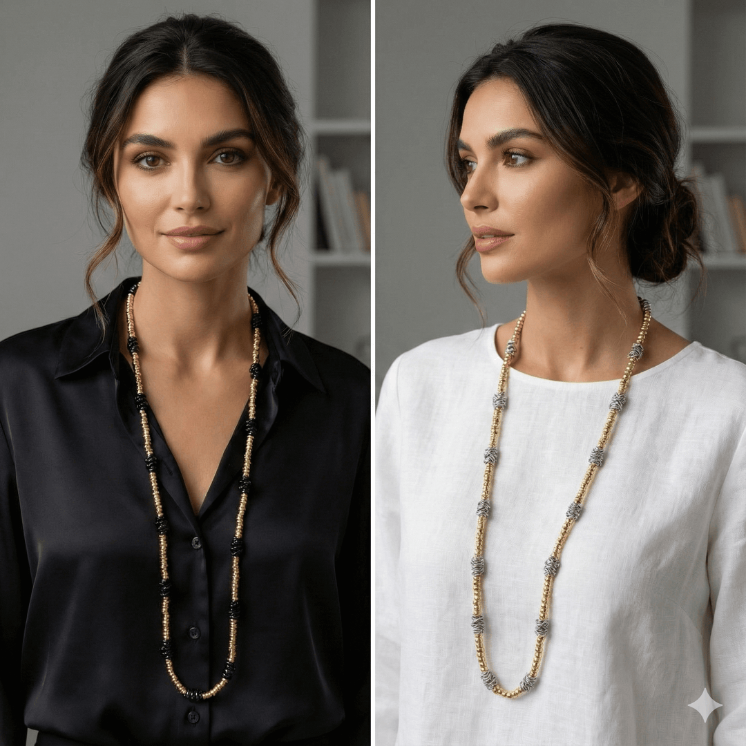 18k Gold Plated 100cm Long Beaded Necklace – Two-Tone Layering Statement Piece
