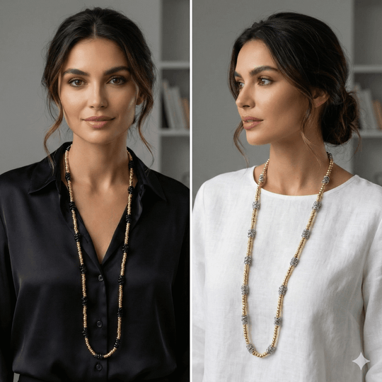 18k Gold Plated 100cm Long Beaded Necklace – Two-Tone Layering Statement Piece