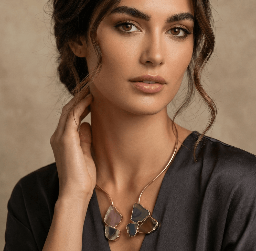 18k Gold Plated Raw Agate Sliced Choker – Handcrafted Open Torque Necklace
