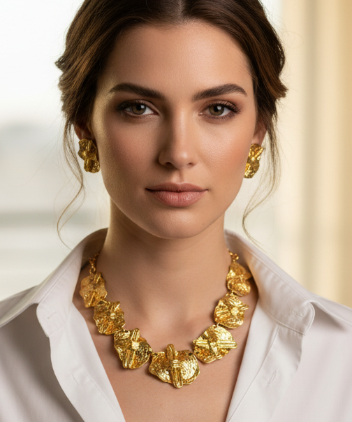 Gold Statement Necklace – Chunky Textured Choker & Handmade Earrings Set