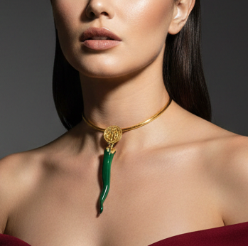 24K Gold Plated Open Choker Necklace with Green Italian Horn Pendant , Good Luck Cornicello Jewelry
