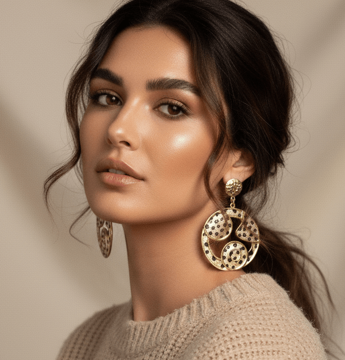 Gold Plated Abstract Polka Dot Statement Drop Earrings- 6 cm