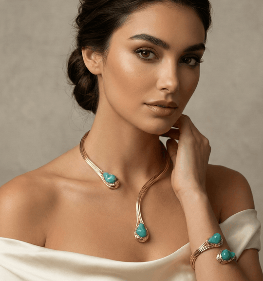 18K Gold Plated Sculptural Open Choker and Cuff Bracelet Set