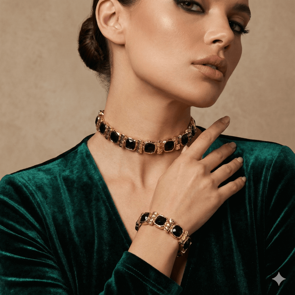 18k Gold Plated Black Crystal Geometric Choker & Stretch Bracelet Set