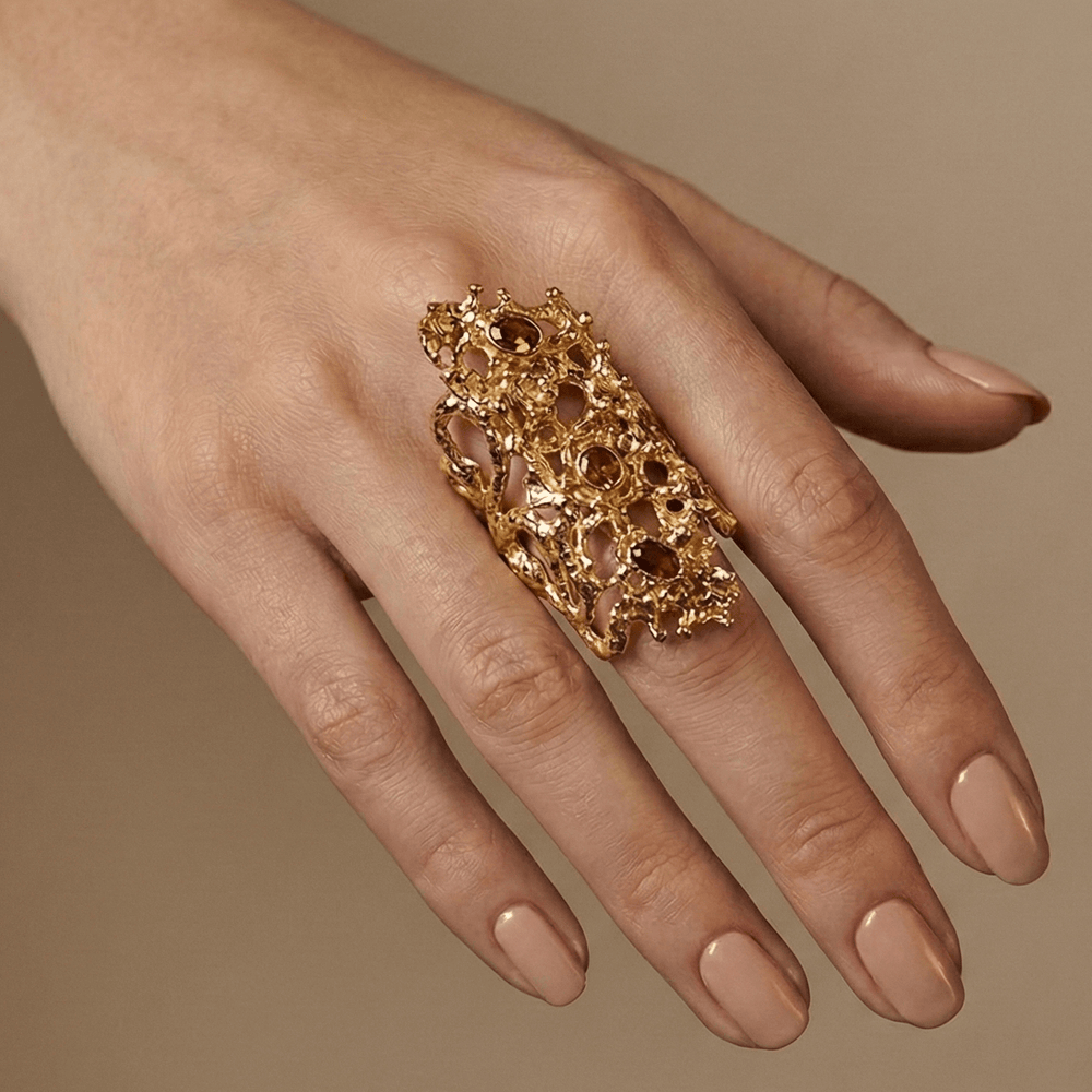 18K Gold Plated Sculptural Adjustable Statement Ring, Textured Molten Design with Gemstone Accents