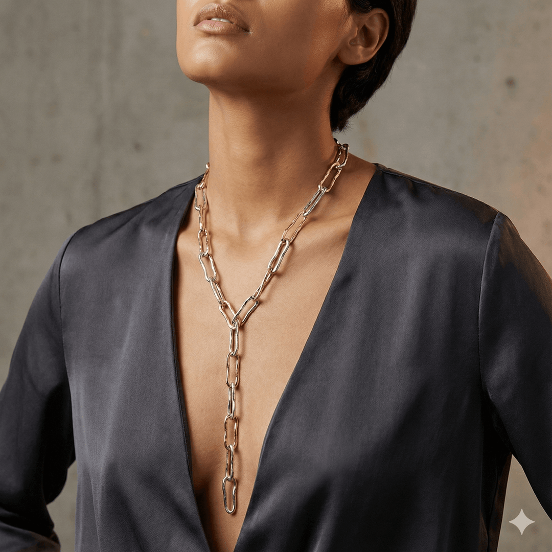 18k Vergulde Getextureerde Lariat Ketting - Langwerpige Schakel Y-Ketting (59cm)
