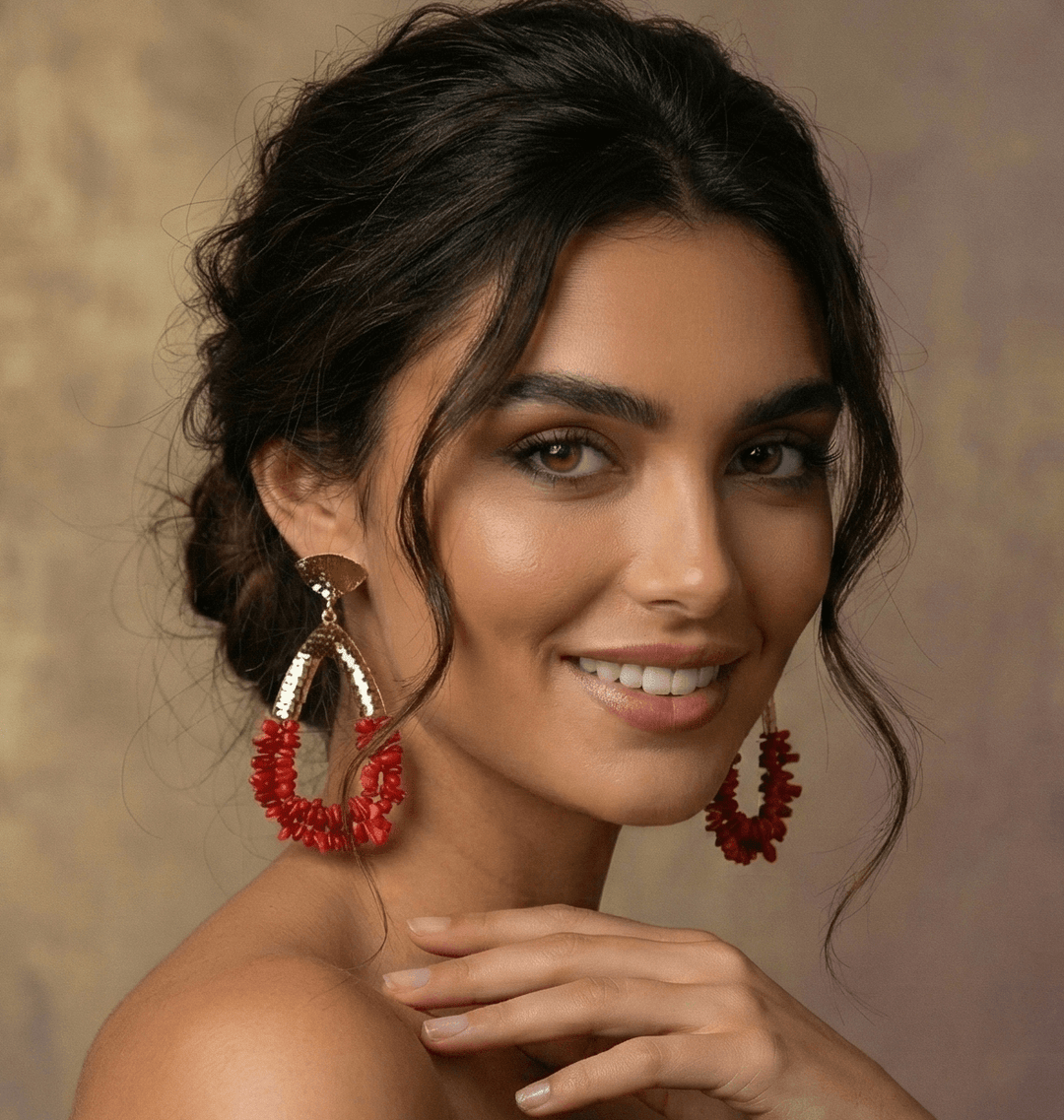 Gold Plated Hammered Teardrop Earrings with Red Coral Beads - 9cm