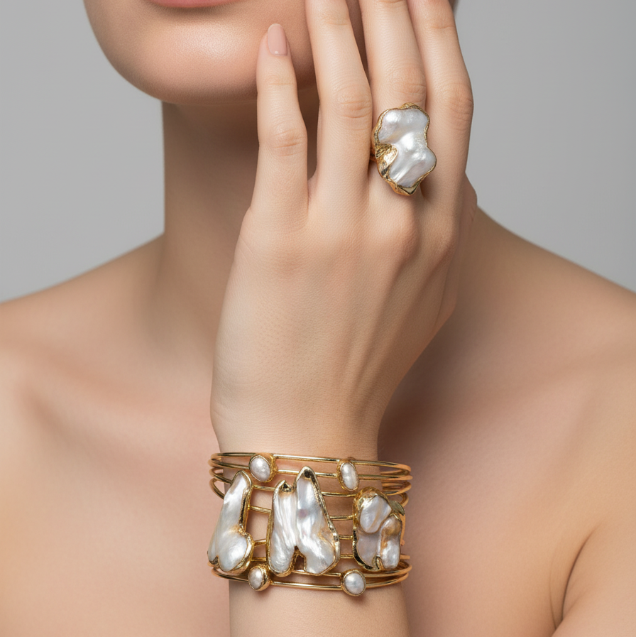 Gold Baroque Pearl Bracelet – Artisan Gold Cuff & Statement Pearl Ring Set