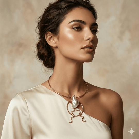 18k Gold Plated Sculptural Choker - Abstract Art Statement Necklace with Natural Stone