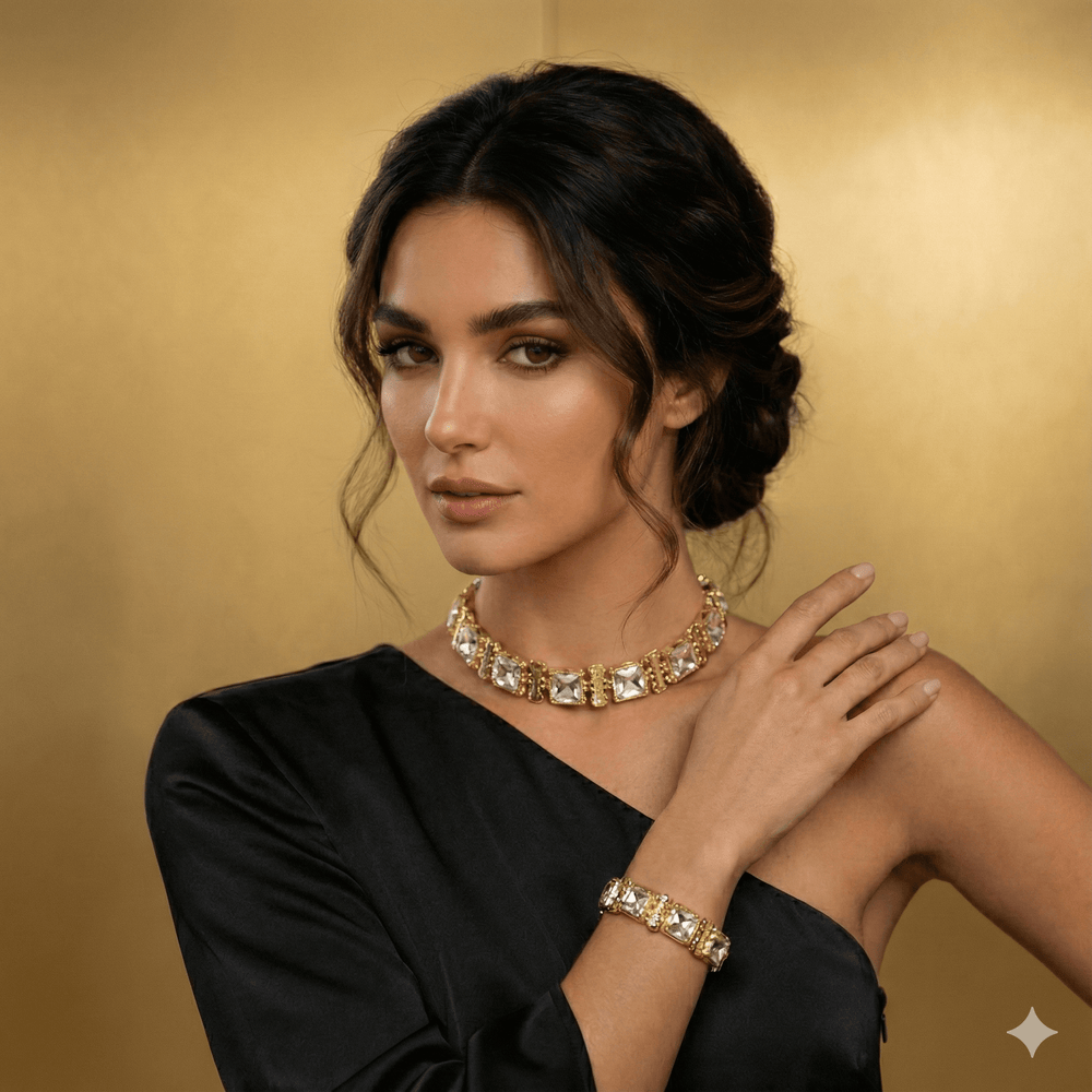 18k Gold Plated Geometric Crystal Choker & Stretch Bracelet Set