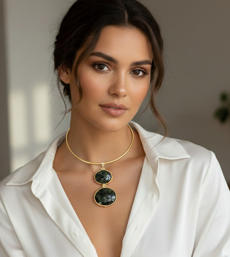 Regal Gold Plated Choker with Double Oval Dark Gemstone Pendant