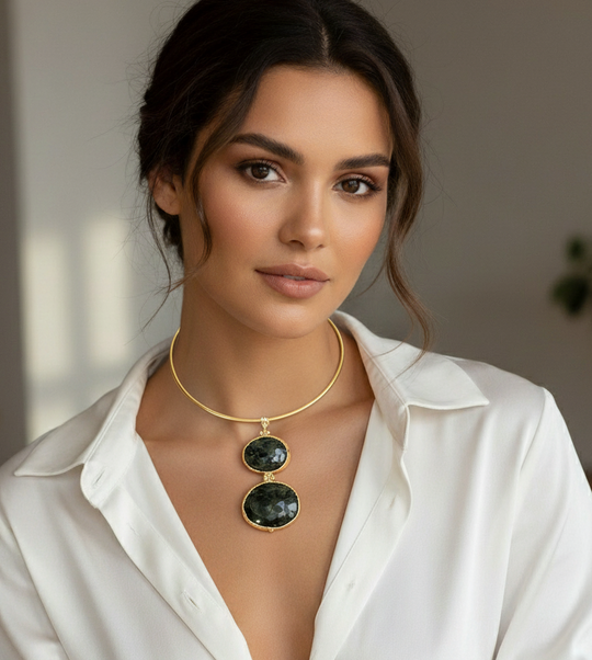 Regal Gold Plated Choker with Double Oval Dark Gemstone Pendant