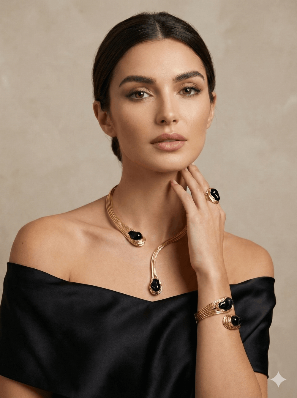 Open Torque Necklace & Matching Cuff Bracelet with Black Resin Accents