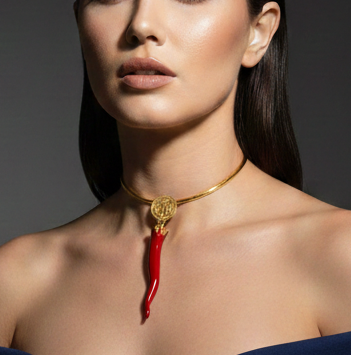 24K Gold Plated Open Choker Necklace with Red Italian Horn Pendant, Good Luck Cornicello
