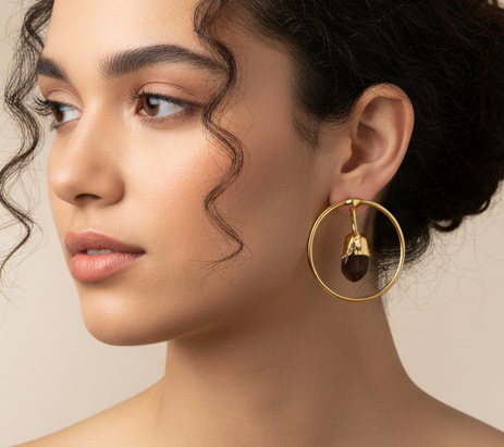 Gold Plated Hoop Earrings - Handmade Agate Gemstone Minimalist Geometric Dangles