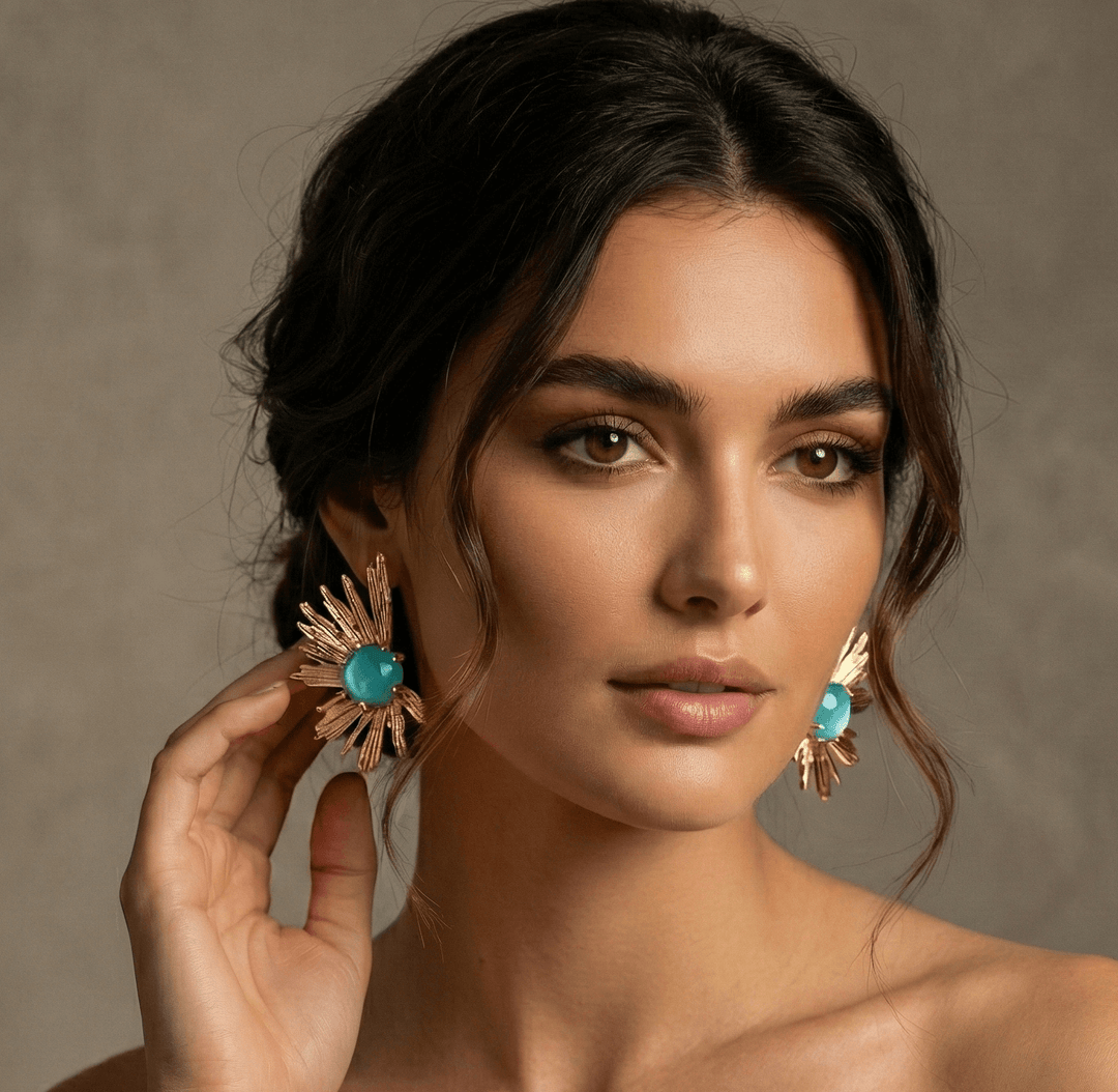 18K Gold Plated Sunburst Statement Earrings with Teal Gemstone