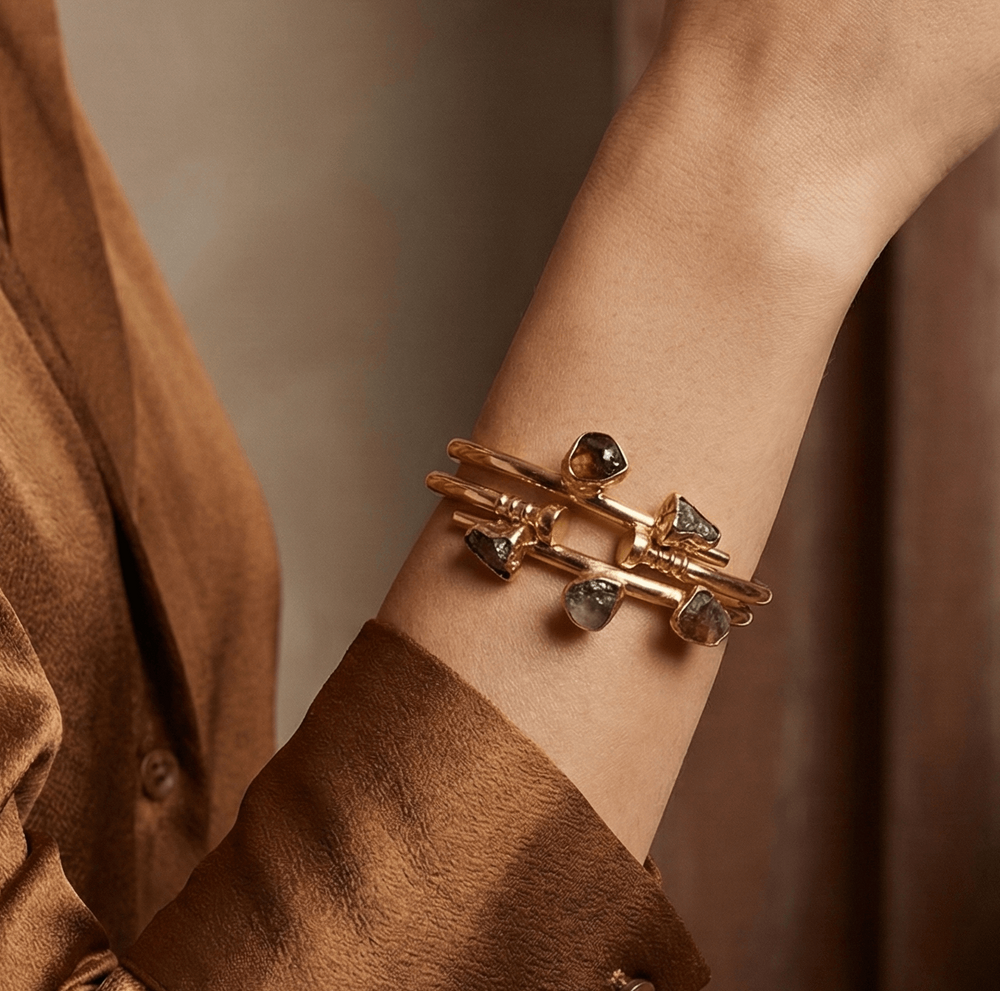 18k Gold Plated Raw Stone Trio Bangle | Hinged Cuff Bracelet