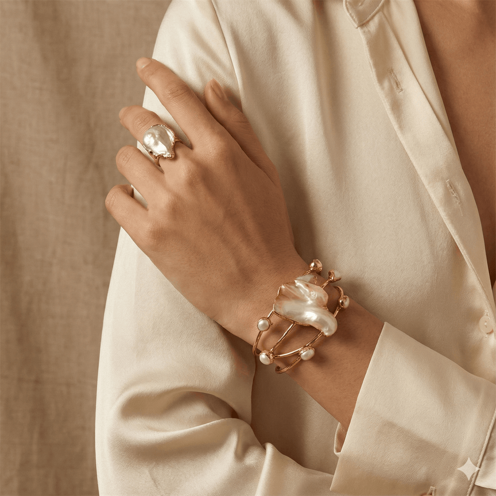 18K Gold Plated Baroque Pearl Statement Cuff & Ring Set