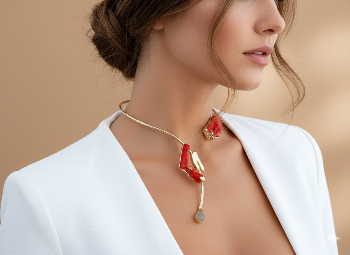 Artisan Gold Plated Red Coral Statement Choker Necklace - Unique Open Collar Design