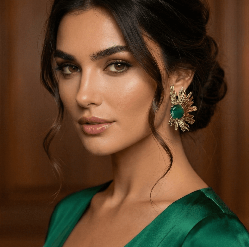 Emerald Sunburst Statement Earrings – 18K Gold Plated Green Stone