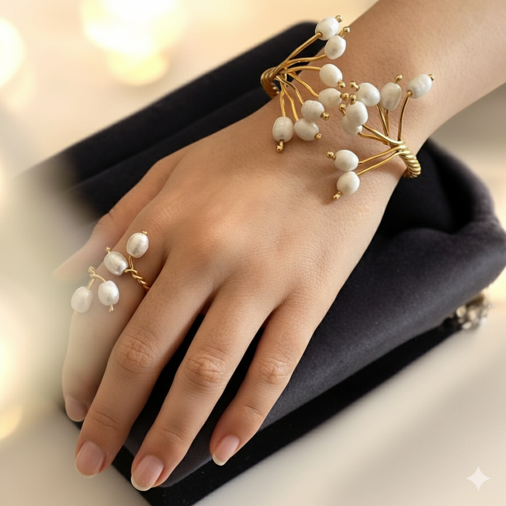 Luxe Gold Plated Natural Pearl Cluster Cuff Bracelet & Adjustable Ring worn on a hand.