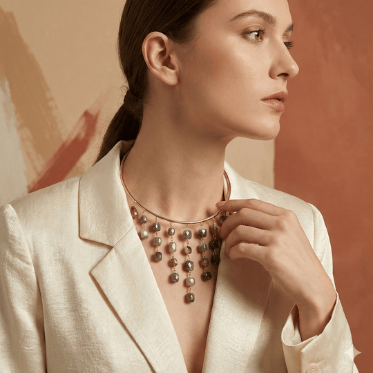 18K Gold Plated Wire Collar Necklace with Cascading Grey & Earth Tone Beaded Fringe Boho Statement