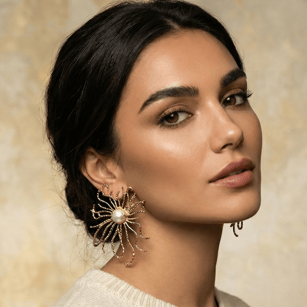 18K Gold Plated Organic Sunburst Earrings with Baroque Pearl - 5.5cm