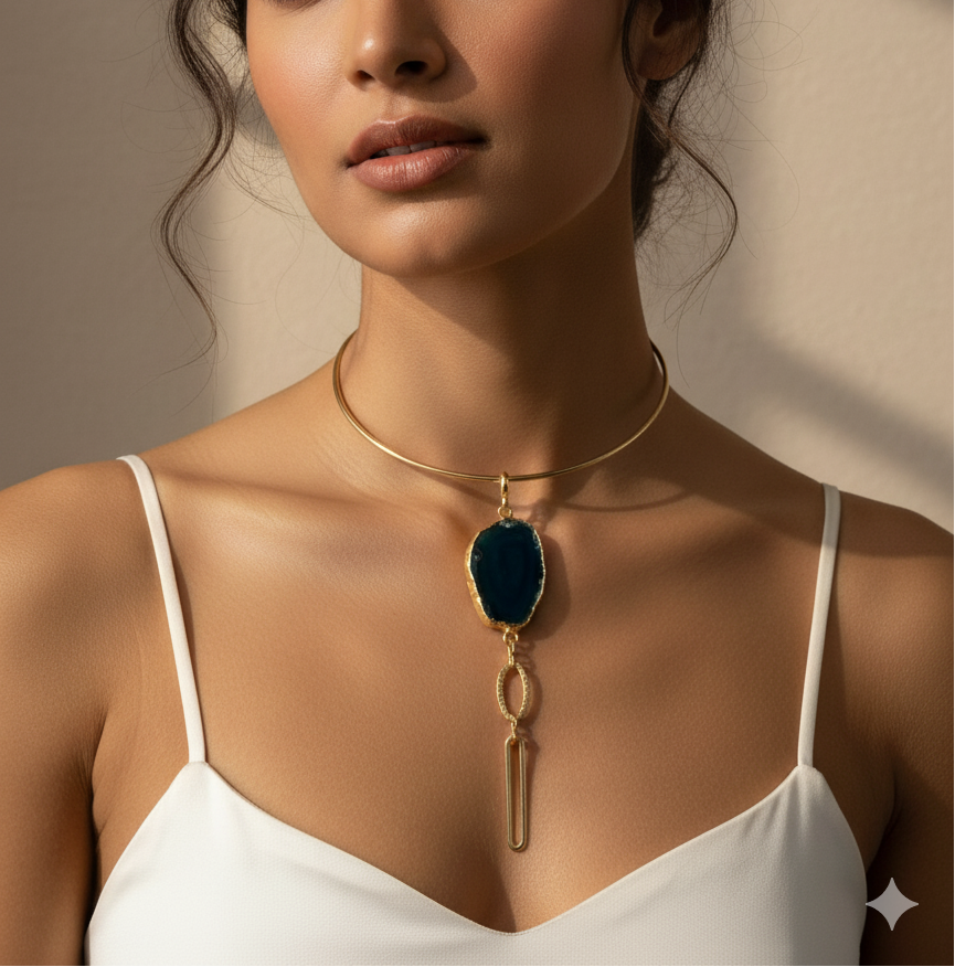 Gold Plated Choker - Handmade Chunky Necklace With Natural Agate Pendant