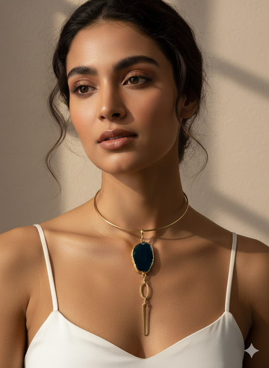 Gold Plated Choker - Handmade Chunky Necklace With Natural Agate Pendant