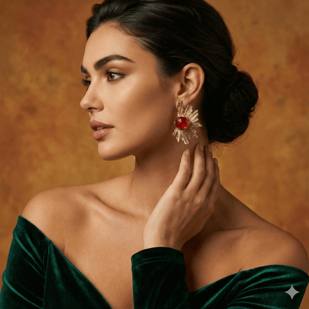 Abstract Gold Sunburst Statement Earrings with Faceted Ruby Red Stone