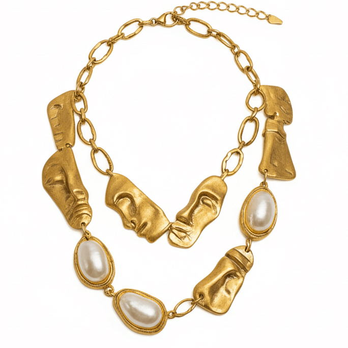 18K Gold Plated Necklace – Layered Chunky Chain with Baroque Pearls & Sculptural Faces - Aramele