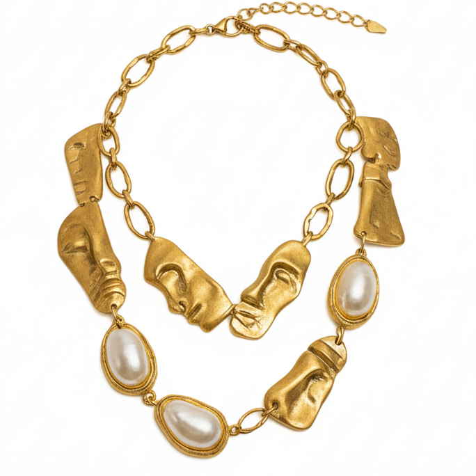 18K Gold Plated Necklace – Layered Chunky Chain with Baroque Pearls & Sculptural Faces