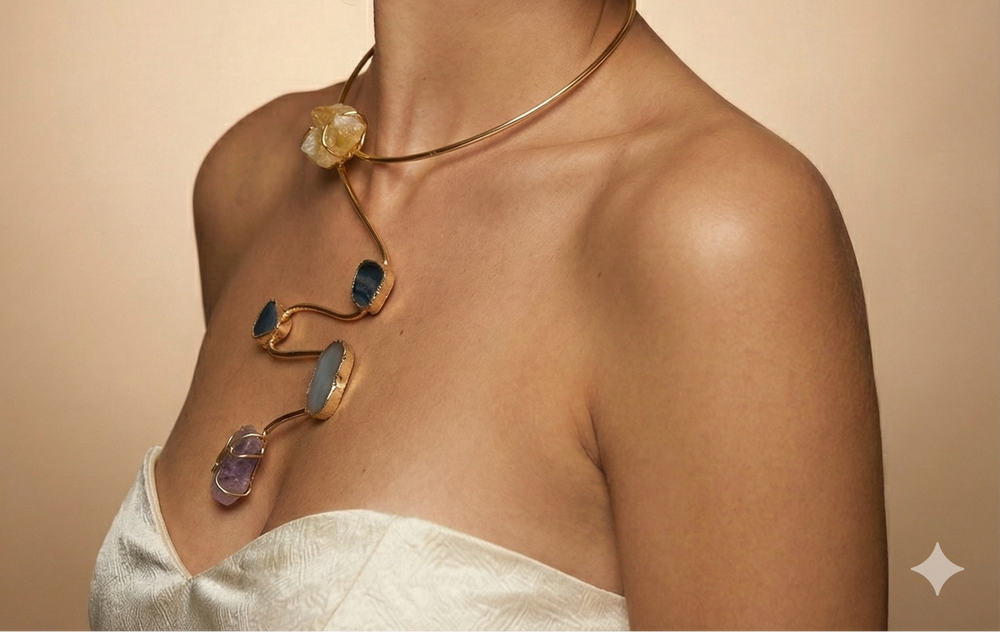 One of a Kind 18k Gold Plated Raw Crystal & Agate Open Choker Statement