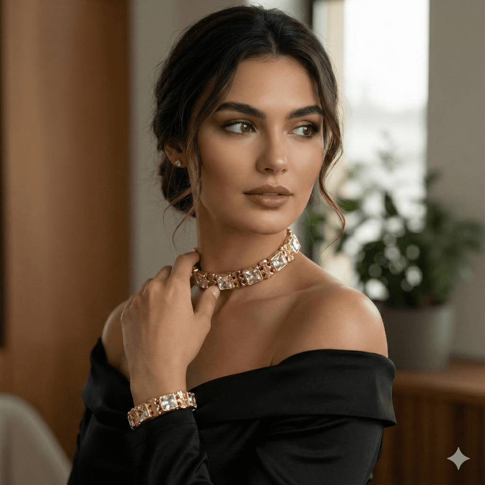 18k Gold Plated Geometric Crystal Choker & Stretch Bracelet Set