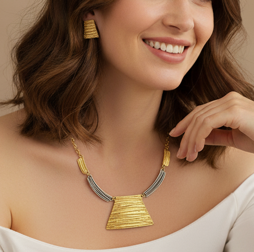Two-Tone Statement Necklace | Geometric Jewelry Set With Matching Earrings
