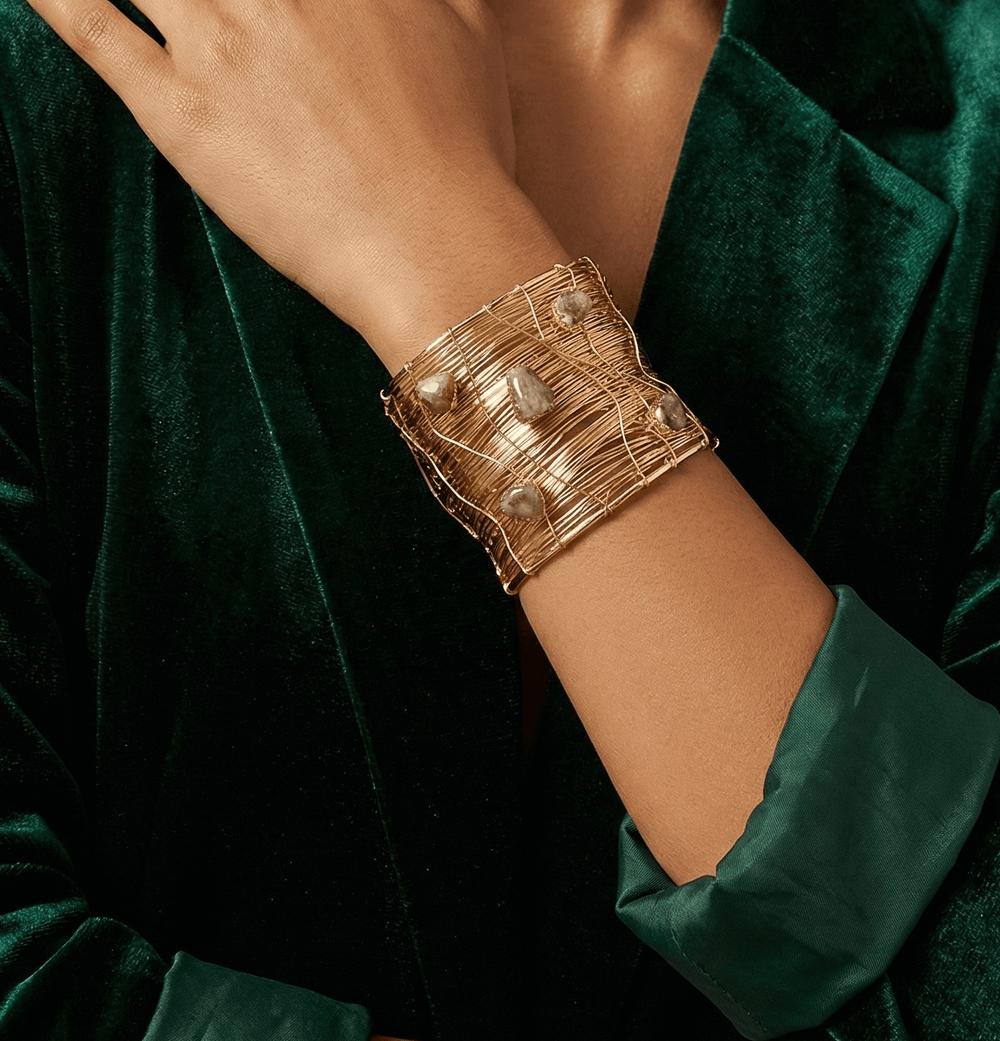 The Gilded Weaver Cuff: Wide Gold Wire-Wrapped Bangle with Raw Natural Stones